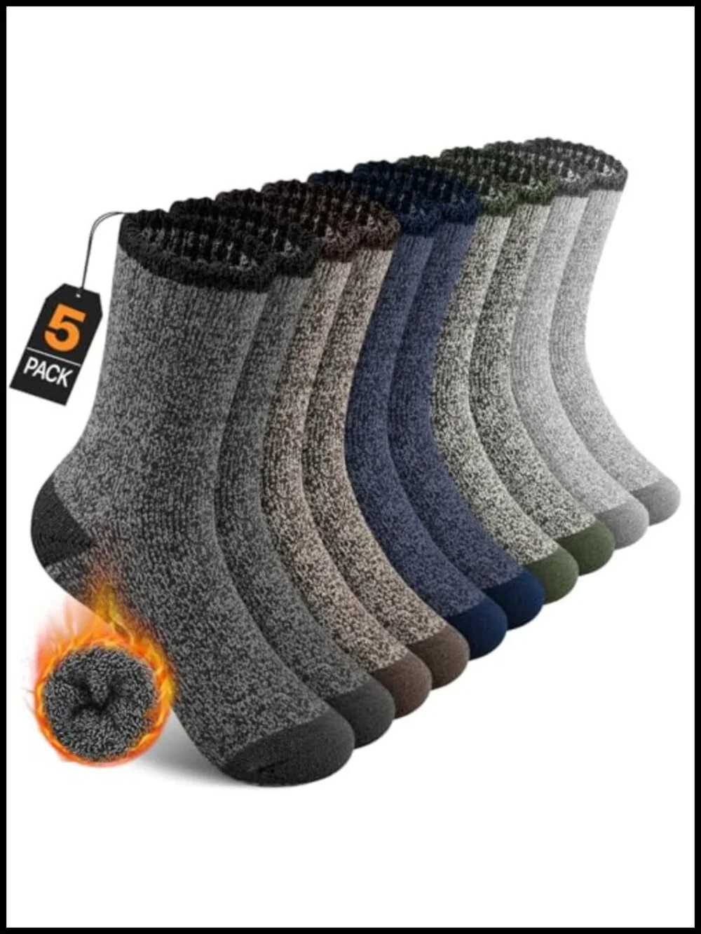 Merino Wool Blend Thermal Hiking Socks for Men, 5 Pack Cushioned Crew Mid-Calf